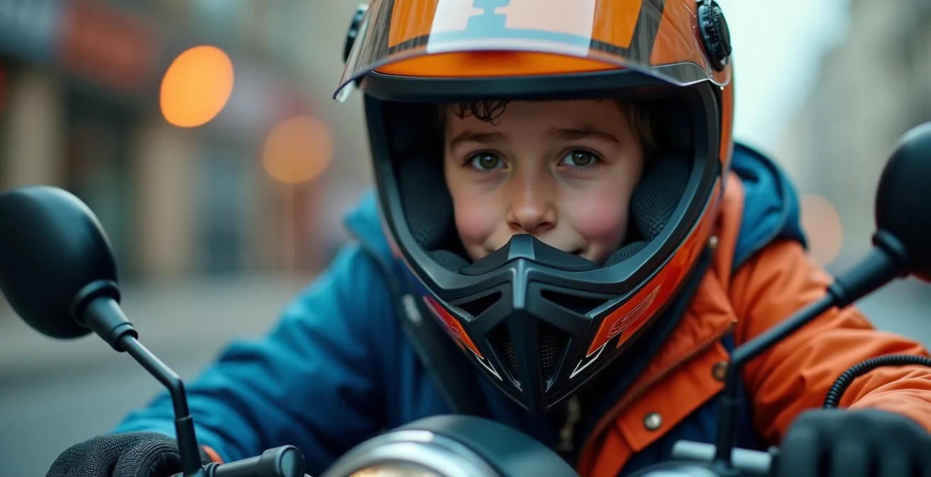 Adolescent équipé correctement d'un casque intégral, gants et vêtements de protection, soulignant l'importance de chaque élément pour la sécurité