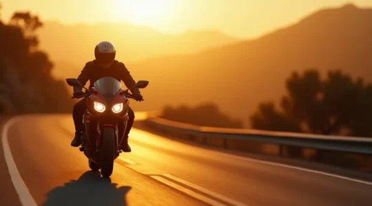 Un motard effectuant un essai routier sur une moto moderne sur une route sinueuse en fin de journée