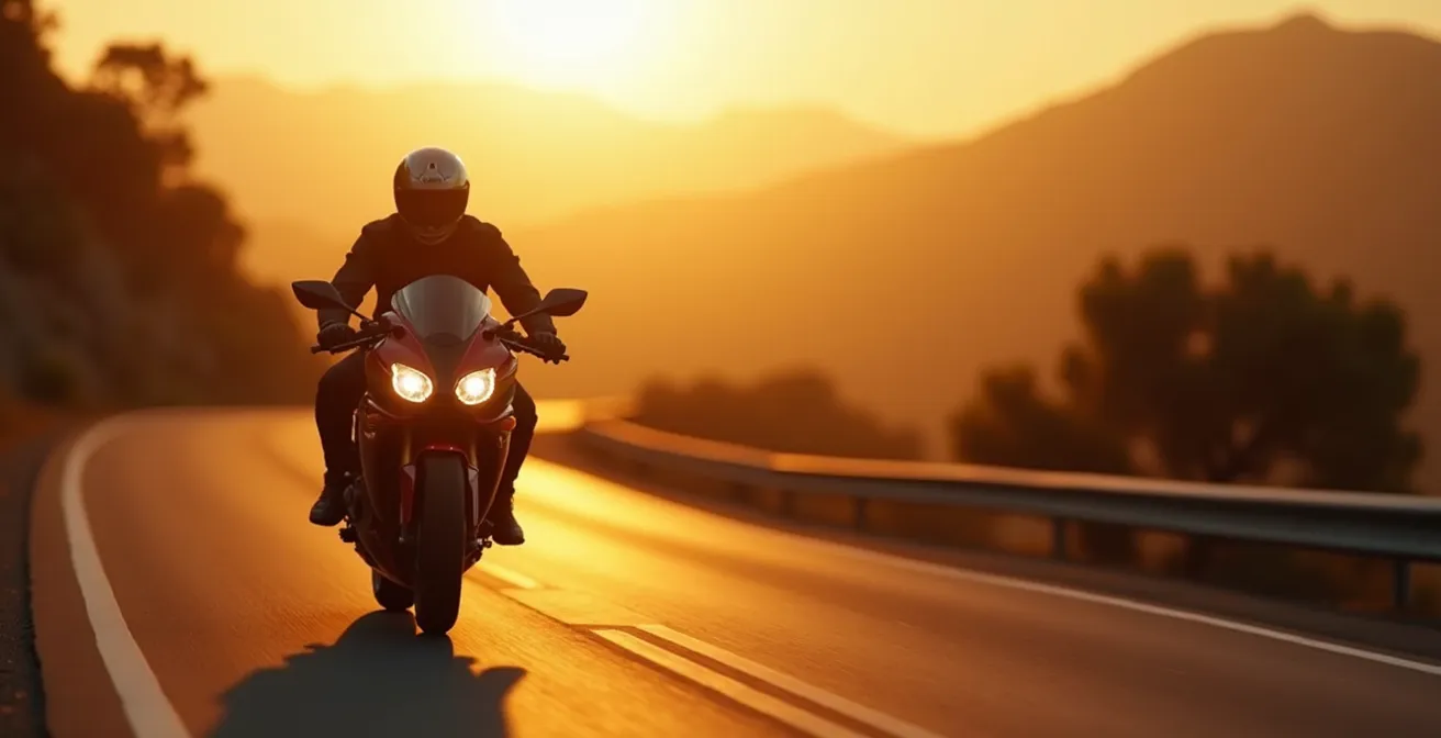 Un motard effectuant un essai routier sur une moto moderne sur une route sinueuse en fin de journée
