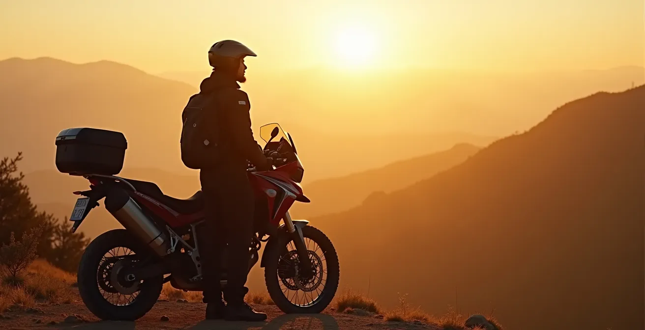 Motard en pause contemplative face à un panorama montagneux au coucher de soleil, incarnant la philosophie du voyage comme introspection