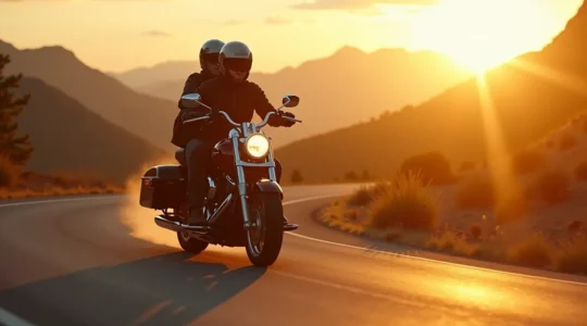Deux motards sur une moto de grand tourisme naviguant sur une route panoramique de montagne au coucher de soleil