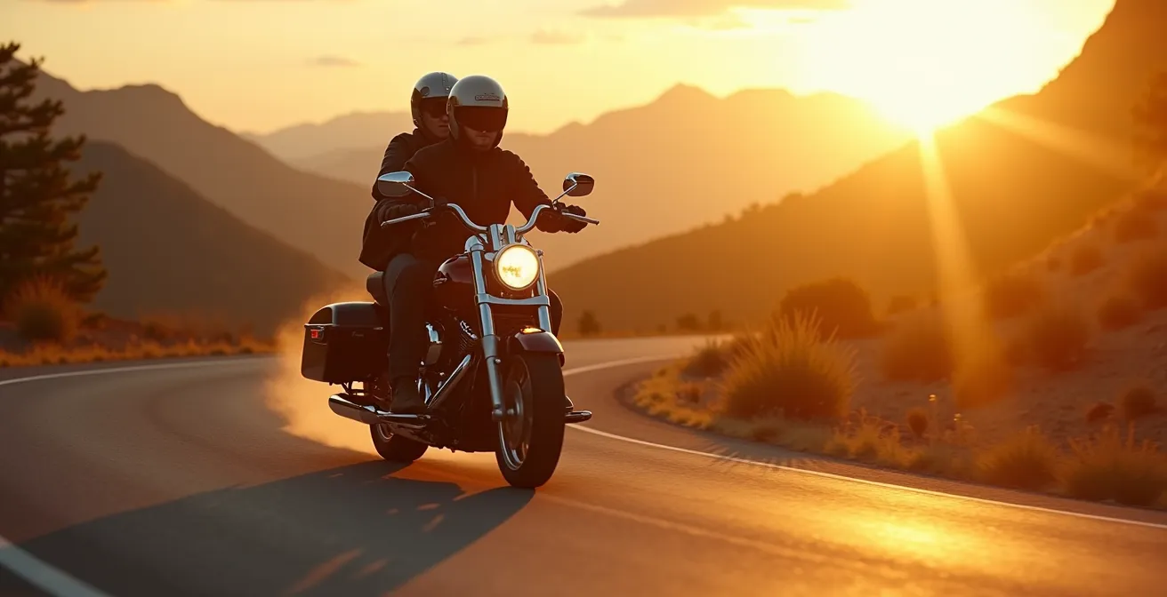 Deux motards sur une moto de grand tourisme naviguant sur une route panoramique de montagne au coucher de soleil