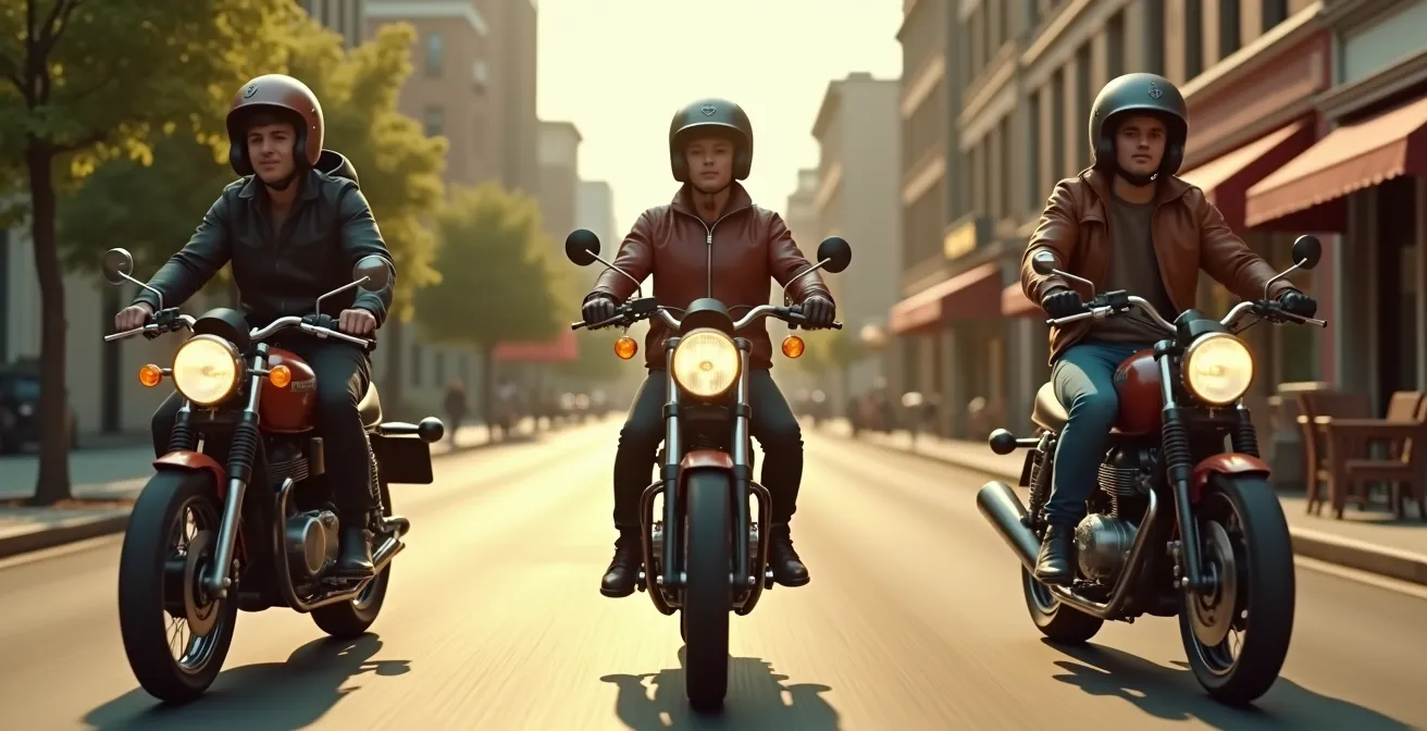 Illustration représentant trois profils de motard débutant chacun avec une moto 125 différente : un trail, un roadster urbain et un custom rétro.