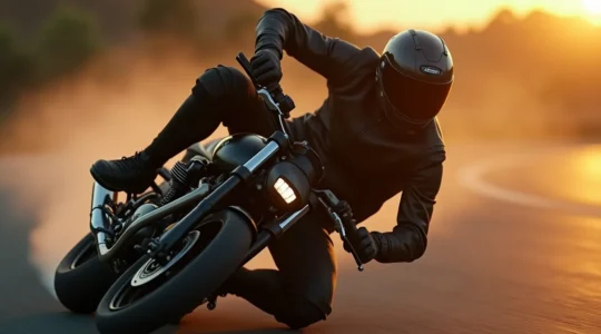 Photo dynamique montrant un pilote de moto en posture active en virage, intégrant le cadre et les éléments mécaniques visibles