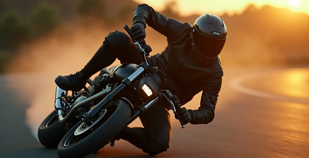 Photo dynamique montrant un pilote de moto en posture active en virage, intégrant le cadre et les éléments mécaniques visibles