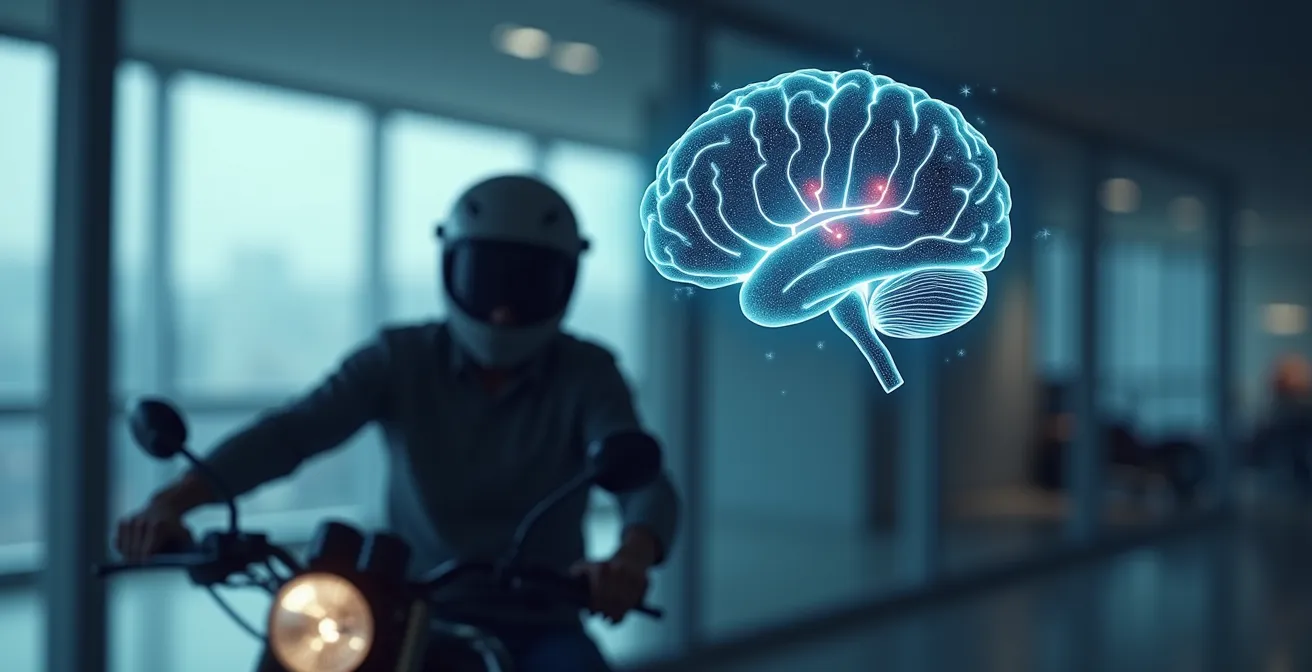 Motard concentré avec une illustration symbolique du cerveau en mode automatique en arrière-plan