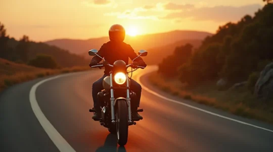 Motard expérimenté conduisant prudemment sur route sinueuse au coucher du soleil, expression de concentration intense