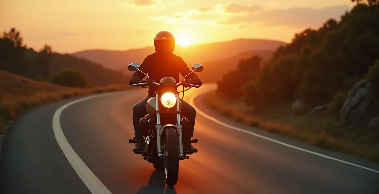 Motard expérimenté conduisant prudemment sur route sinueuse au coucher du soleil, expression de concentration intense