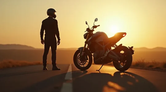 Un motard en équipement complet, regard déterminé, tenant une moto puissante, prêt à franchir une ligne d'horizon suggérant une nouvelle étape.