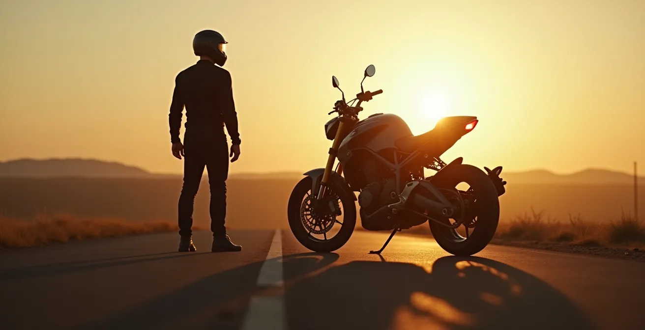 Un motard en équipement complet, regard déterminé, tenant une moto puissante, prêt à franchir une ligne d'horizon suggérant une nouvelle étape.