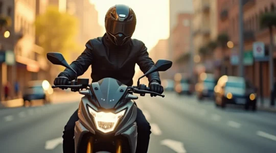 Jeune motard sur une moto 125cc en pleine conduite urbaine avec casque et équipement complet