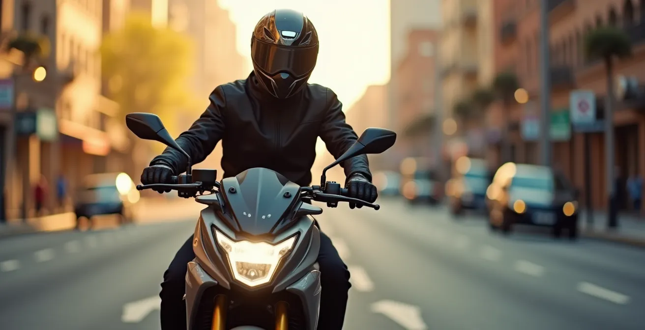 Jeune motard sur une moto 125cc en pleine conduite urbaine avec casque et équipement complet