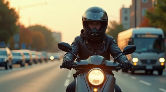 Un adolescent portant un casque intégral et des équipements de sécurité conduisant un scooter 50cc en milieu urbain, avec des éléments symboliques de sécurité routière autour