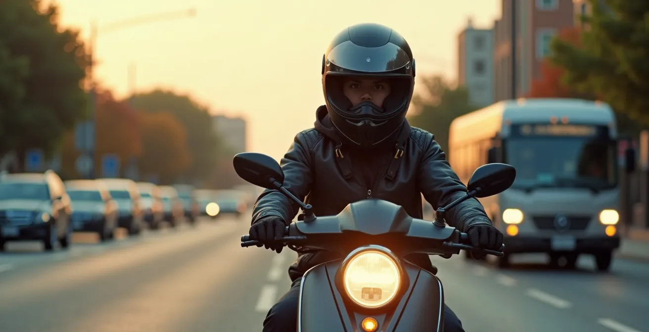 Un adolescent portant un casque intégral et des équipements de sécurité conduisant un scooter 50cc en milieu urbain, avec des éléments symboliques de sécurité routière autour