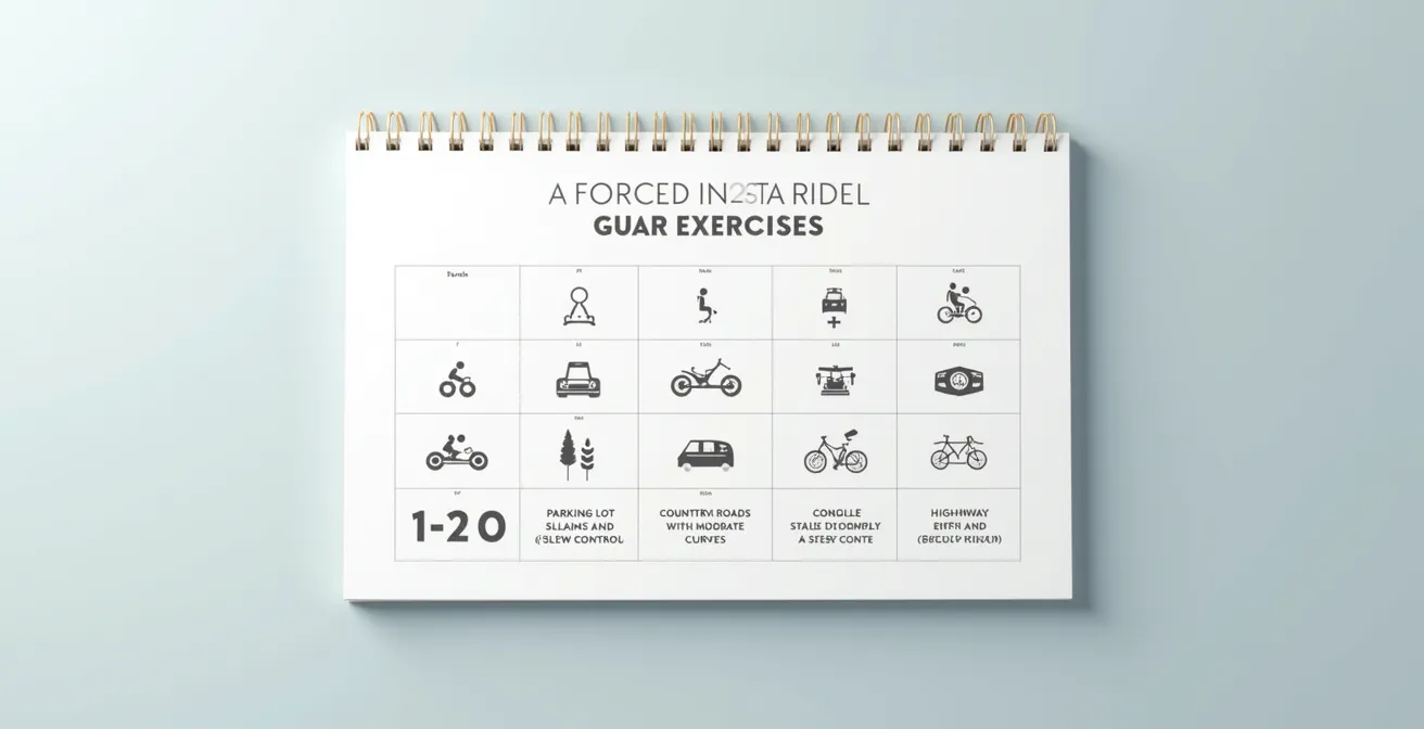 Un plan d'entraînement progressif sur 30 jours pour un nouveau motard, illustrant des exercices sur parking puis sur route.