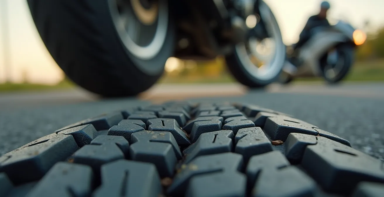 Photo macro d’un pneu moto montrant le profil et contact avec la route, avec en arrière-plan flou une moto en virage pour symboliser l'importance du choix des pneus