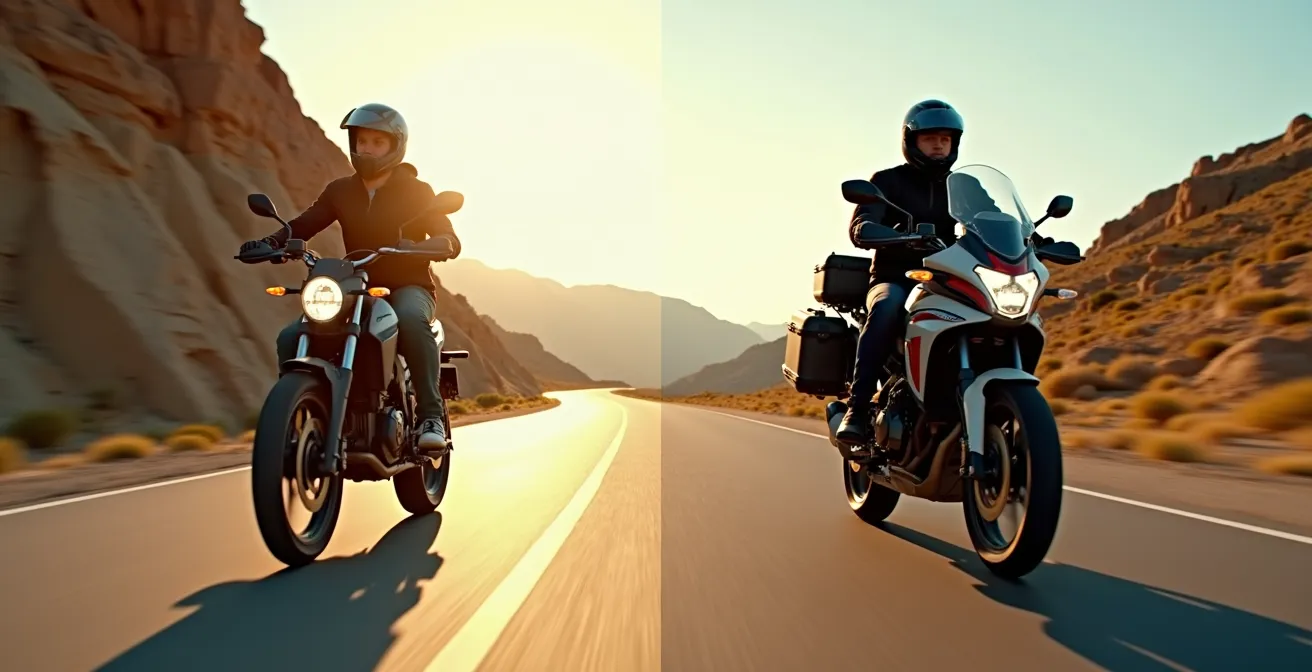 Un trail urbain avec accessoires confort et une sportive équipée pour un long voyage côte à côte.