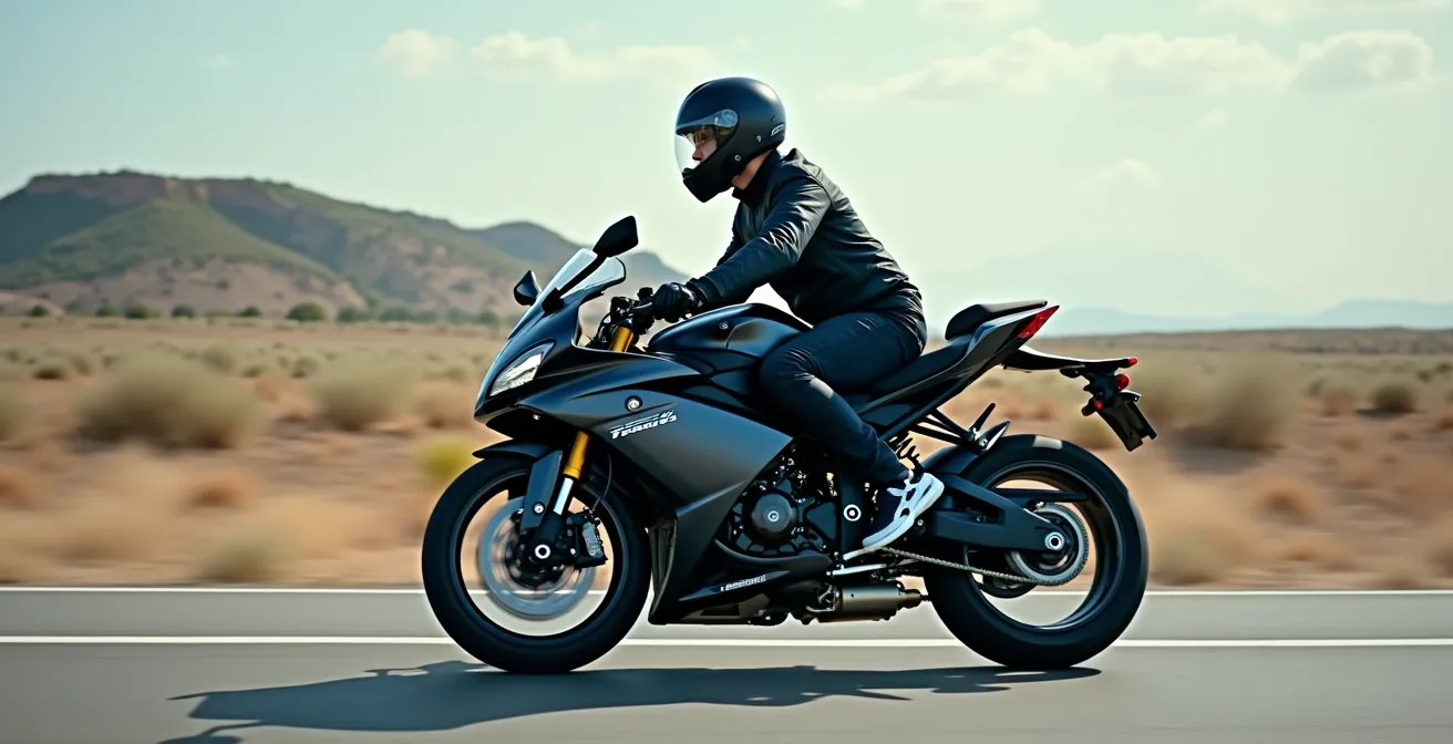 Motard adoptant une position de conduite optimale sur sa moto, démontrant l'ergonomie et le contrôle parfait de sa posture