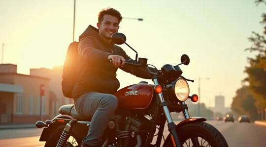 Un jeune motard souriant assis sur sa première moto en milieu urbain, prêt à prendre la route, avec un ciel clair en arrière-plan.