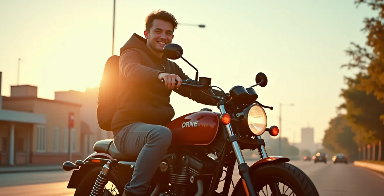 Un jeune motard souriant assis sur sa première moto en milieu urbain, prêt à prendre la route, avec un ciel clair en arrière-plan.