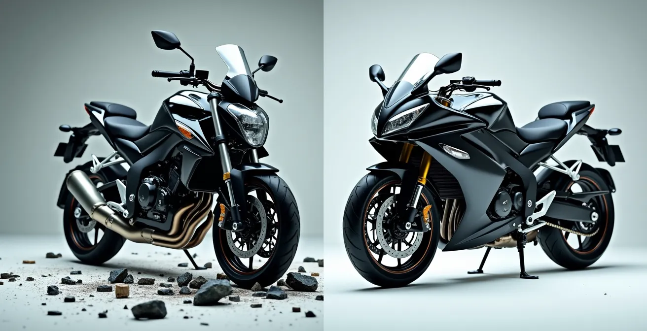 Comparaison visuelle entre un carénage brisé et des protections crash-bar intactes après une chute de moto