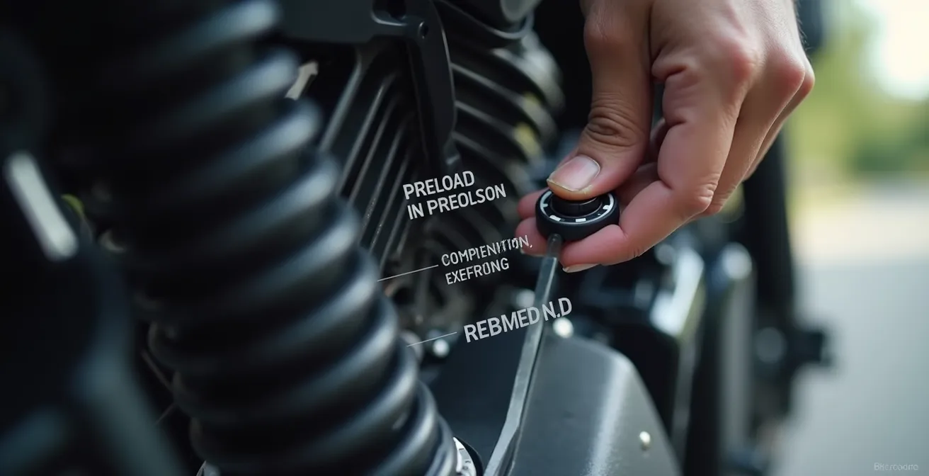 Illustration montrant une main ajustant une molette de suspension de moto, avec des infographies sur les effets de la précontrainte, compression et détente