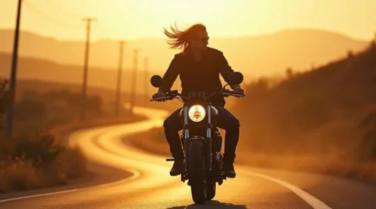 Un motard sur un roadster sans carénage, profitant du vent et de la sensation de liberté sur une route sinueuse en paysage naturel