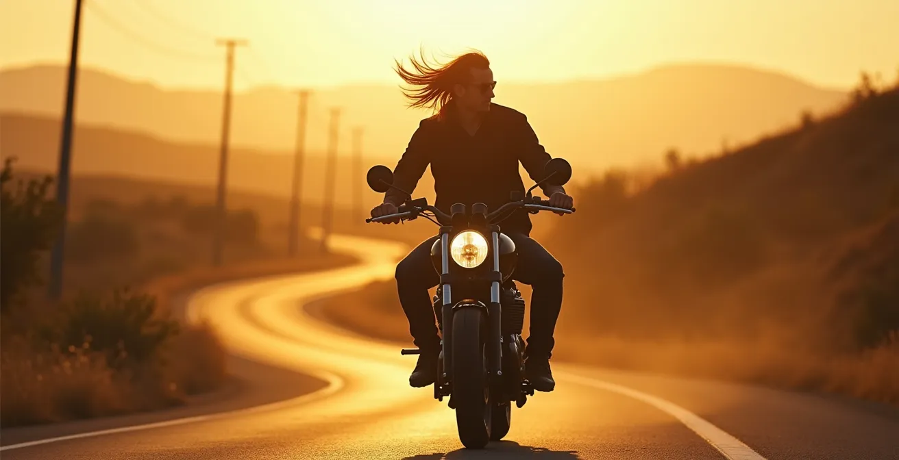 Un motard sur un roadster sans carénage, profitant du vent et de la sensation de liberté sur une route sinueuse en paysage naturel