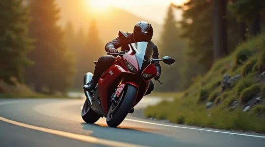 Moto sportive sur route sinueuse avec pilote en position technique, symbolisant la maîtrise à basse vitesse