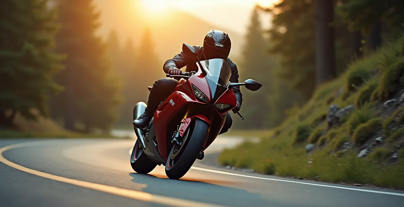 Moto sportive sur route sinueuse avec pilote en position technique, symbolisant la maîtrise à basse vitesse