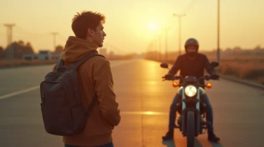 Une moto arrêtée sur un parking vide au lever du jour, avec un motard débutant debout à côté, regardant la route avec une expression mélangée de peur et de confiance naissante.