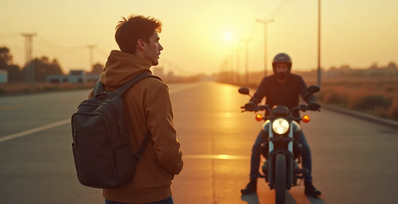 Une moto arrêtée sur un parking vide au lever du jour, avec un motard débutant debout à côté, regardant la route avec une expression mélangée de peur et de confiance naissante.