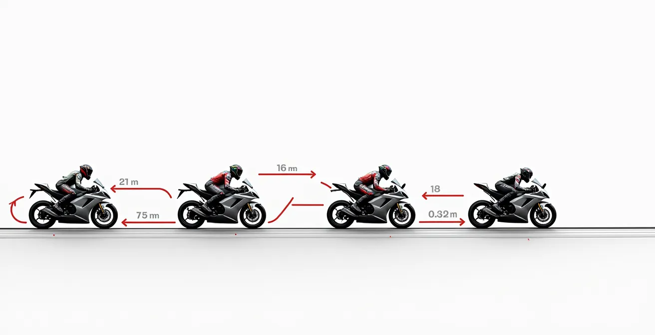 Décomposition technique d'un virage moto avec trajectoire, points de freinage et position du pilote