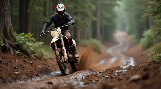 Photo réaliste d'un pilote de moto tout-terrain debout sur sa moto, en pleine action sur un sentier boueux et accidenté, symbolisant la maîtrise et la découverte de soi à travers le pilotage tout-terrain.