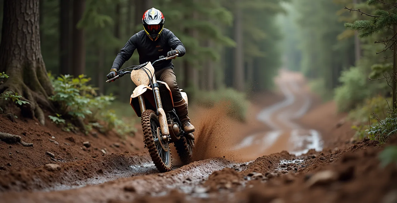 Photo réaliste d'un pilote de moto tout-terrain debout sur sa moto, en pleine action sur un sentier boueux et accidenté, symbolisant la maîtrise et la découverte de soi à travers le pilotage tout-terrain.