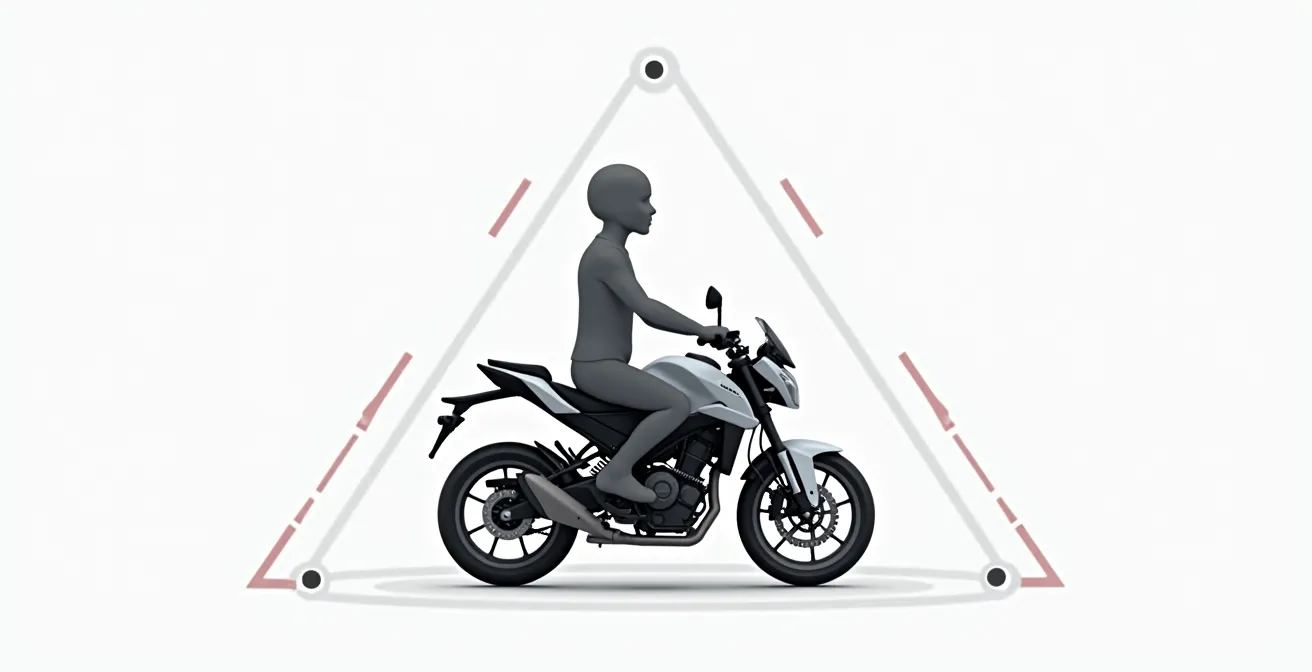 Schéma technique montrant les trois points ergonomiques essentiels d'une moto : selle, guidon et repose-pieds