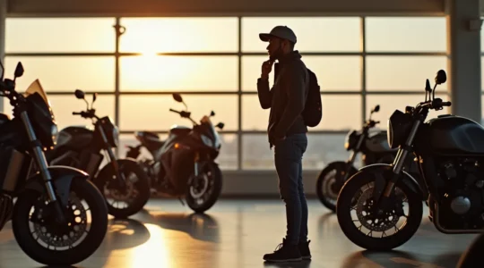 Un motard réfléchissant devant plusieurs motos de styles différents, illustrant la recherche de la moto idéale adaptée à ses besoins.