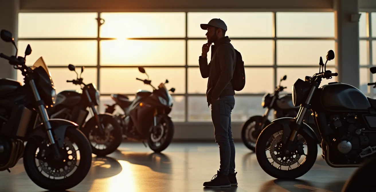Un motard réfléchissant devant plusieurs motos de styles différents, illustrant la recherche de la moto idéale adaptée à ses besoins.