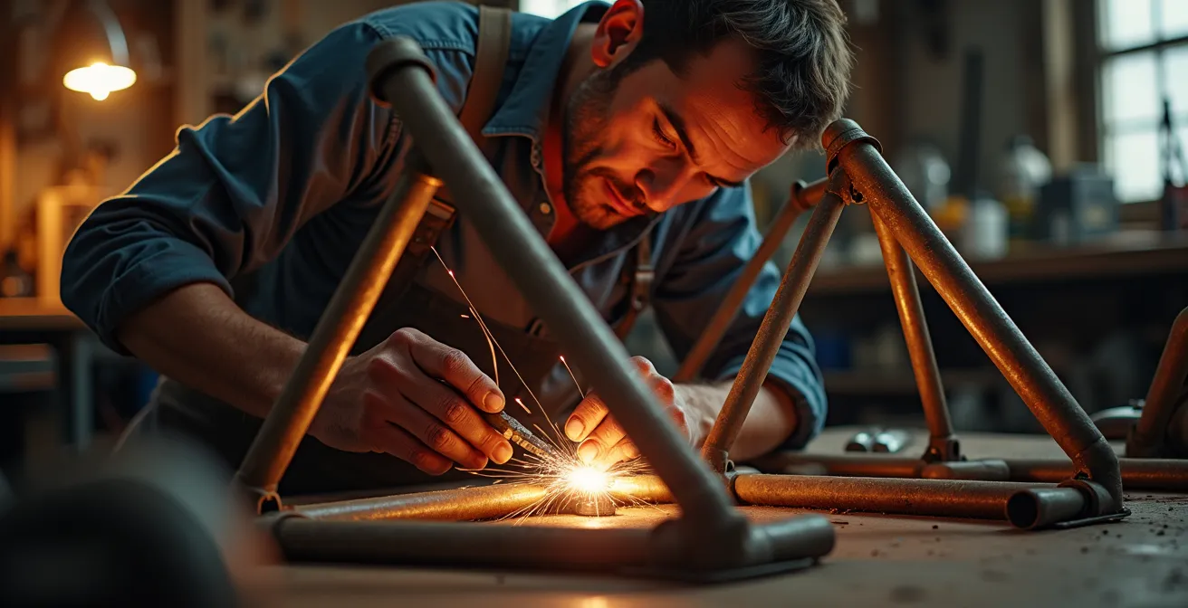 Cadre treillis tubulaire en acier sur une moto italienne dans un atelier
