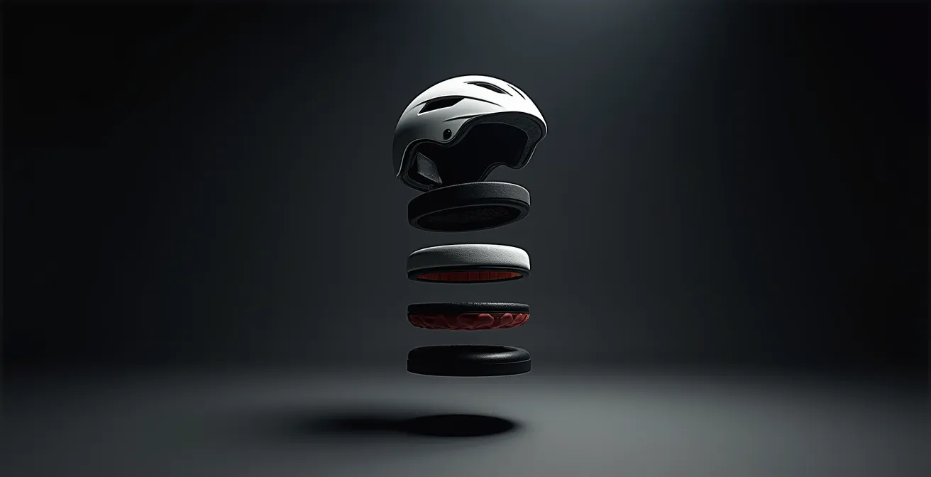 Vue éclatée d'un casque intégral montrant tous les composants de sécurité