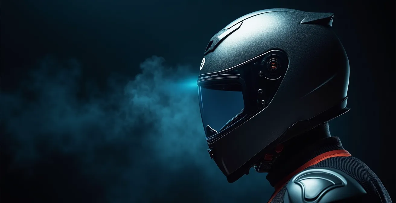 Gros plan sur casque moto aérodynamique montrant les déflecteurs et l'écoulement de l'air