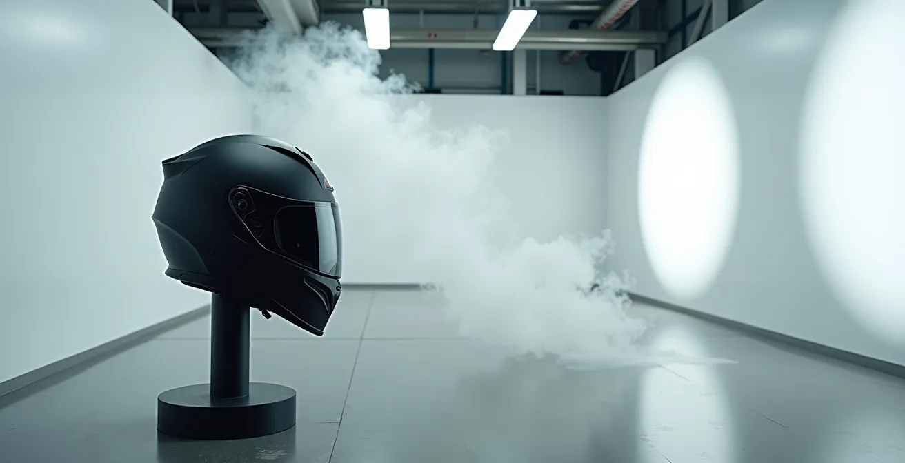 Casque moto en test aérodynamique avec visualisation des flux d'air