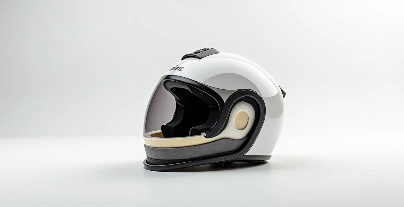 Vue en coupe d'un casque moto montrant les différentes couches de protection sans texte visible