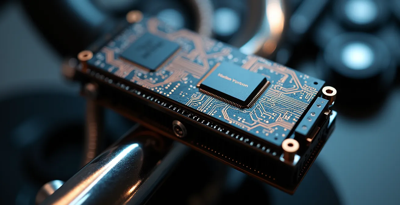 Gros plan sur une centrale inertielle IMU montée sur une moto 125cc moderne