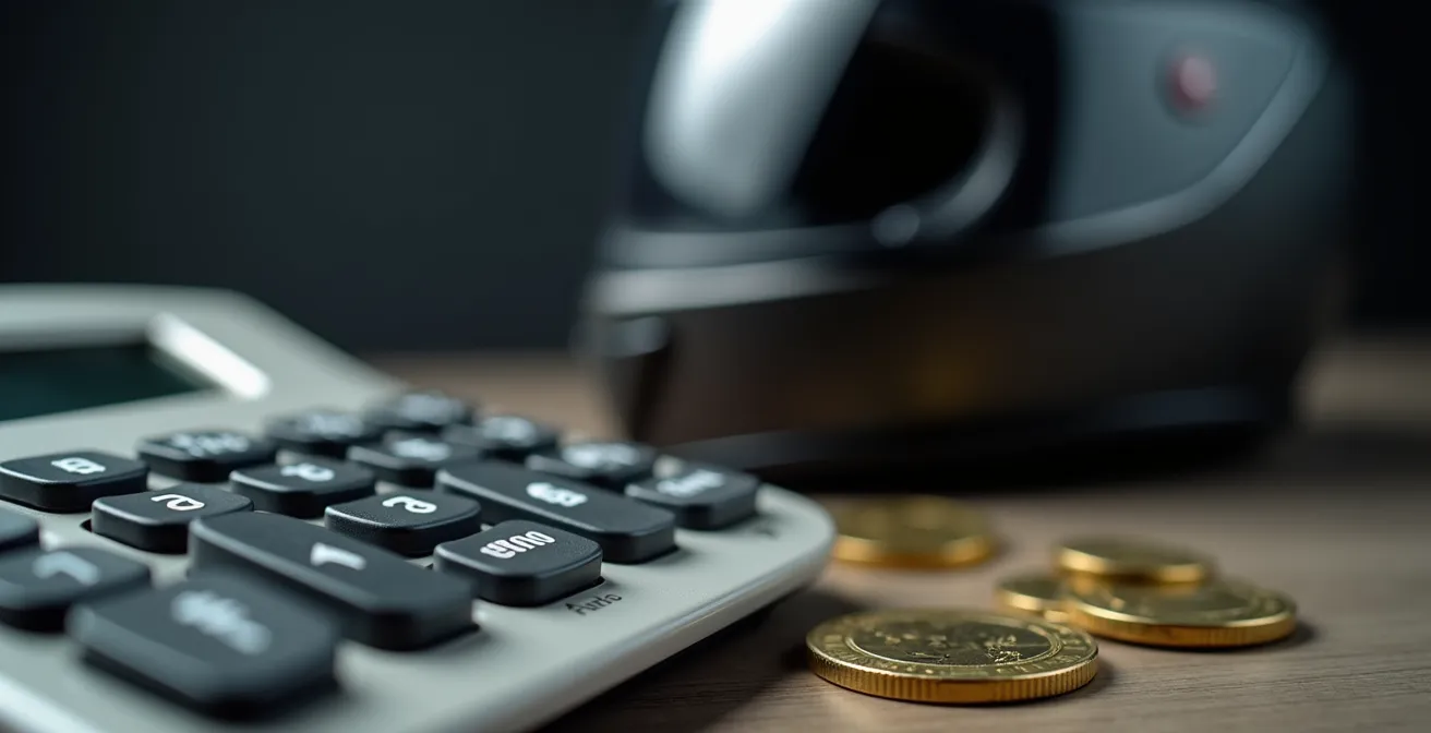 Vue macro d'une calculatrice avec des pièces d'euros et un casque de moto flou en arrière-plan
