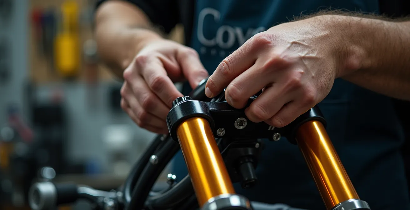 Alignement de différentes fourches inversées montrant l'évolution technologique