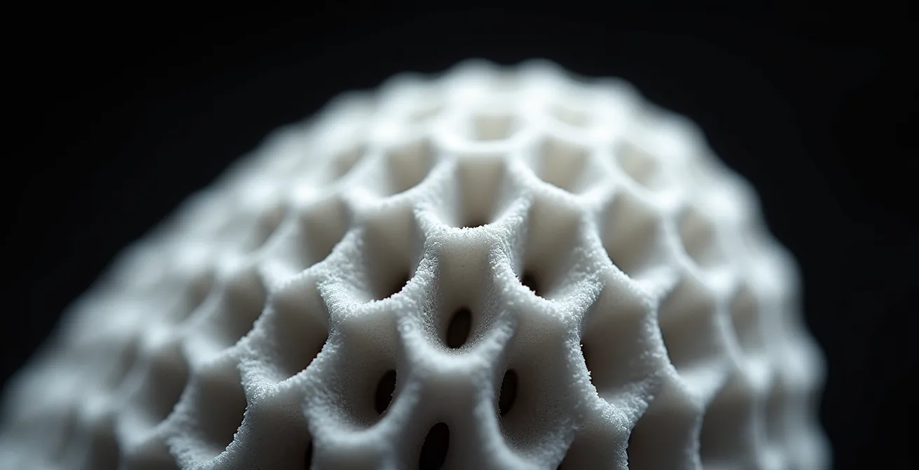 Vue en coupe macroscopique de la mousse EPS d'un casque moto montrant les différentes densités