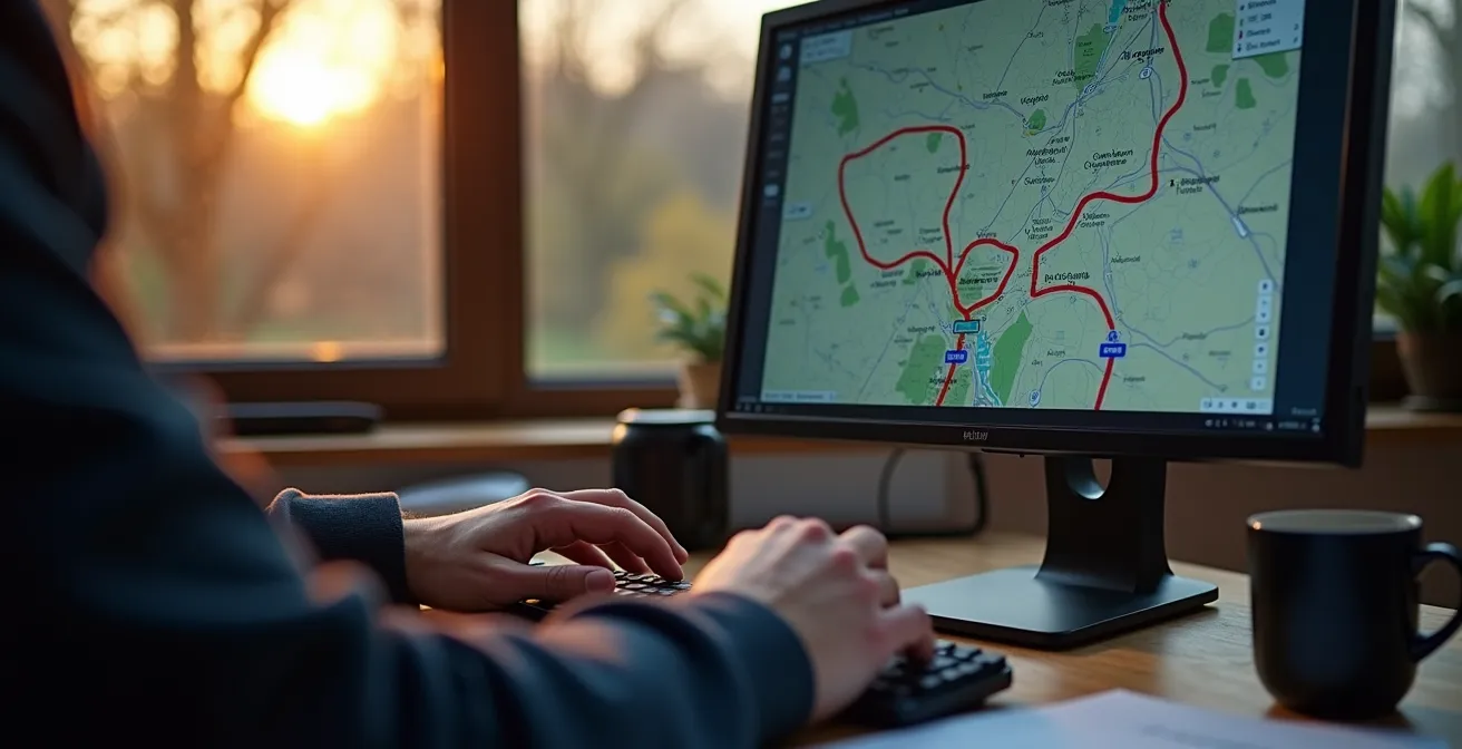 Vue d'ensemble d'un bureau avec ordinateur montrant un logiciel de création de roadbook