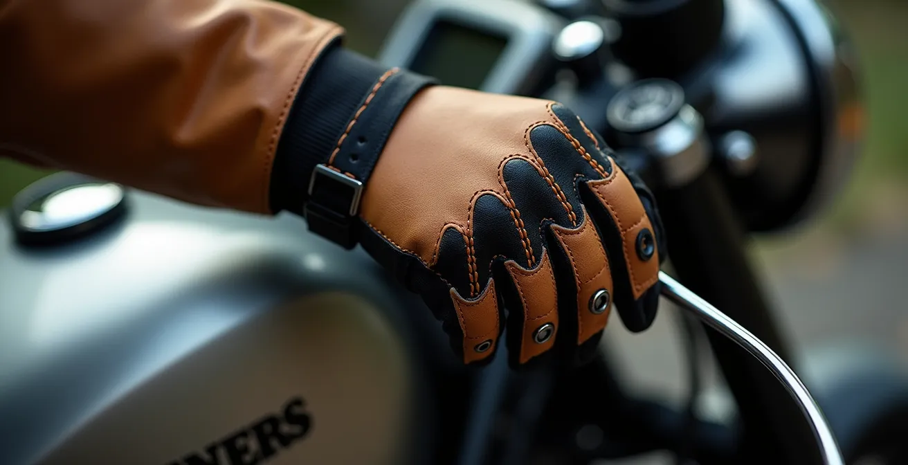 Gros plan sur une main gantée de motard manipulant les commandes avec précision