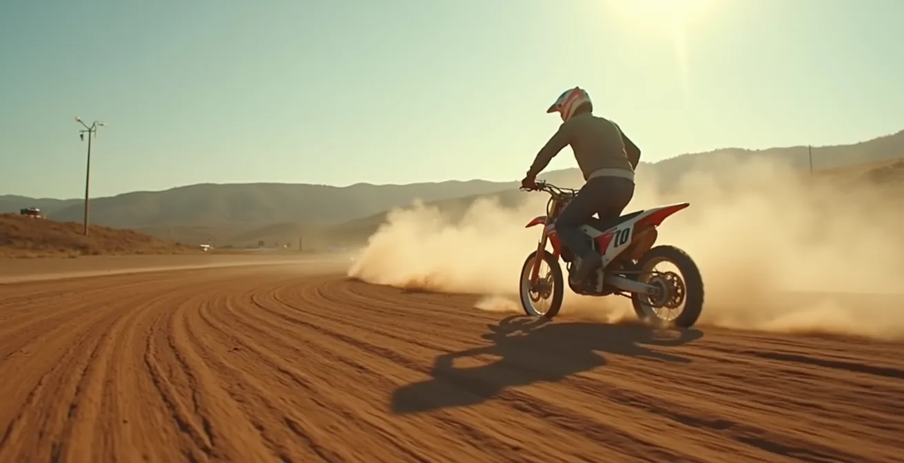 Pilote en pleine session d'entraînement flat track sur terre battue